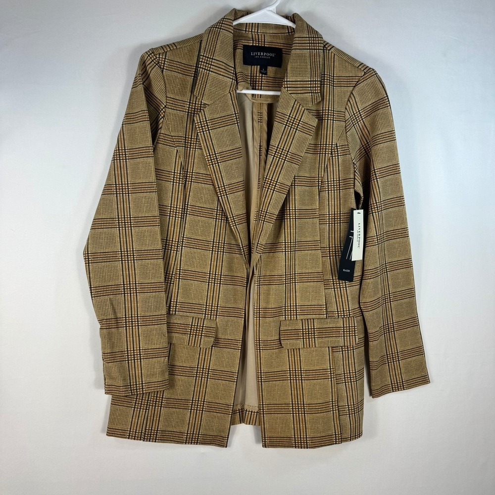 Liverpool Los Angeles Tan Plaid Boyfriend Blazer Women Small NWT Stretch Pocket